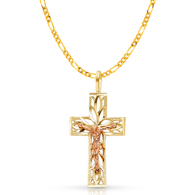 14K Gold Crucifix Charm Pendant with 2.3mm Figaro 3+1 Chain Necklace