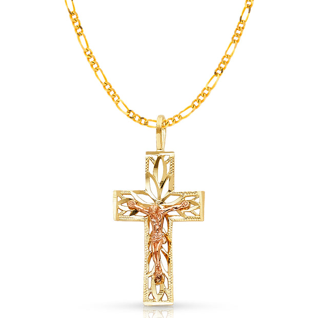 14K Gold Crucifix Charm Pendant with 2.3mm Figaro 3+1 Chain Necklace