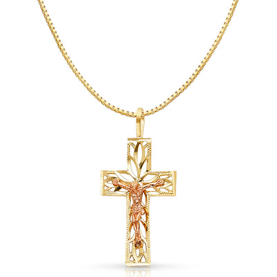 14K Gold Religious Crucifix Charm Pendant with 0.8mm Box Chain Necklace