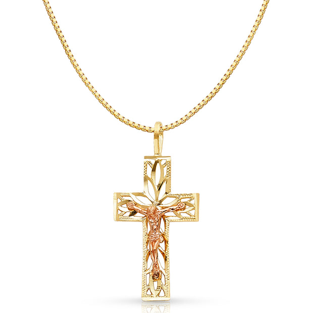 14K Gold Religious Crucifix Charm Pendant with 0.8mm Box Chain Necklace