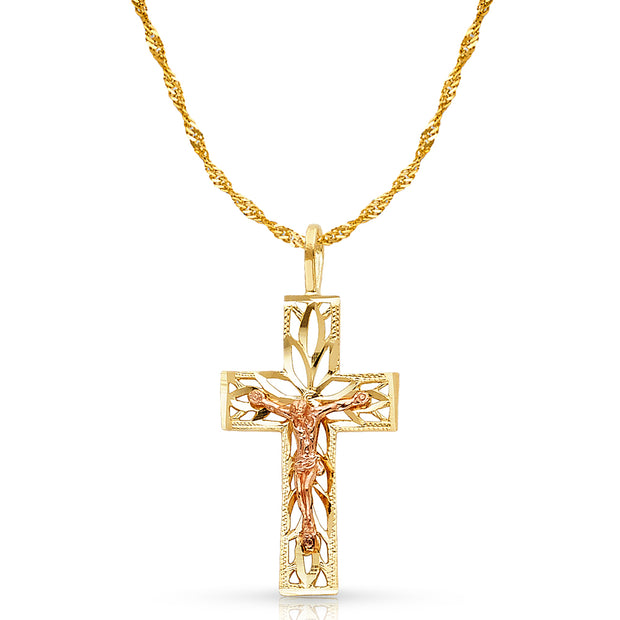 14K Gold Crucifix Charm Pendant with 1.8mm Singapore Chain Necklace