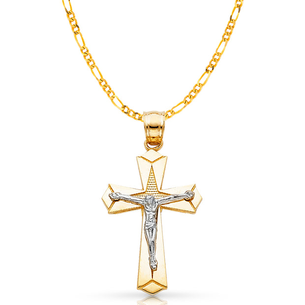 14K Gold Crucifix Charm Pendant with 2.3mm Figaro 3+1 Chain Necklace