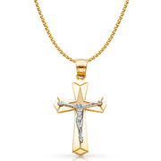 14K Gold Crucifix Charm Pendant with 1.7mm Flat Open Wheat Chain Necklace