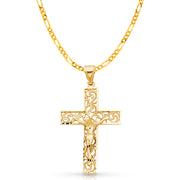 14K Gold Crucifix Charm Pendant with 3.8mm Figaro 3+1 Chain Necklace