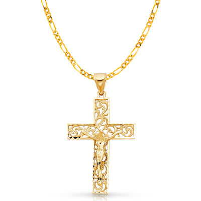 14K Gold Crucifix Charm Pendant with 3.8mm Figaro 3+1 Chain Necklace