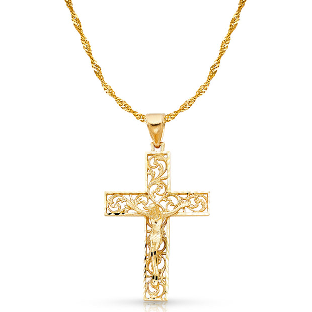 14K Gold Crucifix Charm Pendant with 1.8mm Singapore Chain Necklace