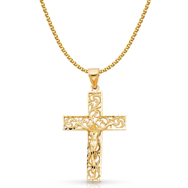 14K Gold Crucifix Charm Pendant with 2mm Flat Open Wheat Chain Necklace