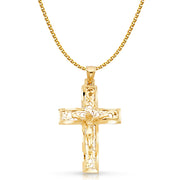 14K Gold Crucifix Charm Pendant with 2mm Flat Open Wheat Chain Necklace