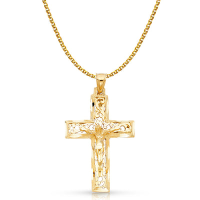 14K Gold Crucifix Charm Pendant with 2mm Flat Open Wheat Chain Necklace