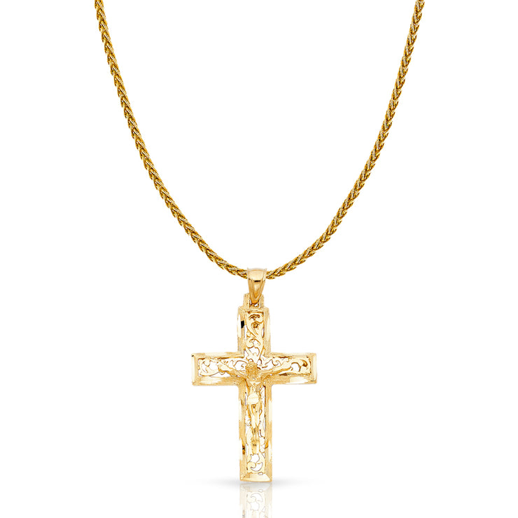 14K Gold Crucifix Charm Pendant with 1.4mm Round Wheat Chain Necklace