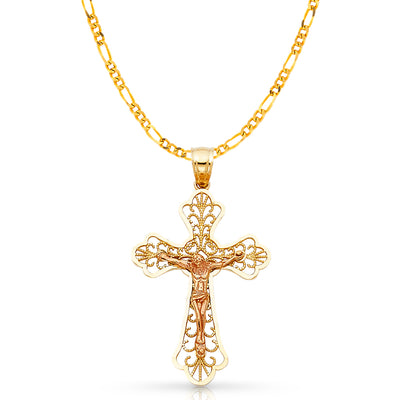 14K Gold Crucifix Charm Pendant with 3.1mm Figaro 3+1 Chain Necklace