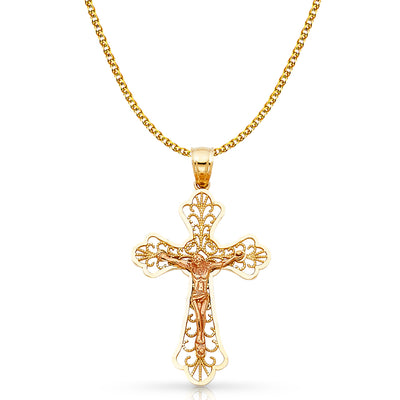 14K Gold Crucifix Charm Pendant with 1.7mm Flat Open Wheat Chain Necklace