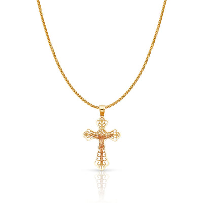 14K Gold Crucifix Charm Pendant with 1.1mm Wheat Chain Necklace