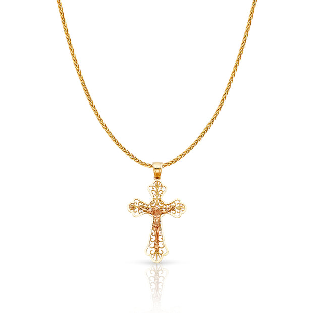 14K Gold Crucifix Charm Pendant with 1.1mm Wheat Chain Necklace