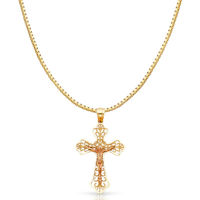 14K Gold Religious Crucifix Charm Pendant with 1.2mm Box Chain Necklace