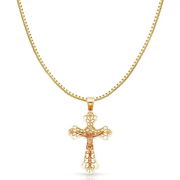 14K Gold Religious Crucifix Charm Pendant with 1.2mm Box Chain Necklace