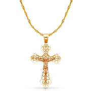 14K Gold Crucifix Charm Pendant with 1.8mm Singapore Chain Necklace