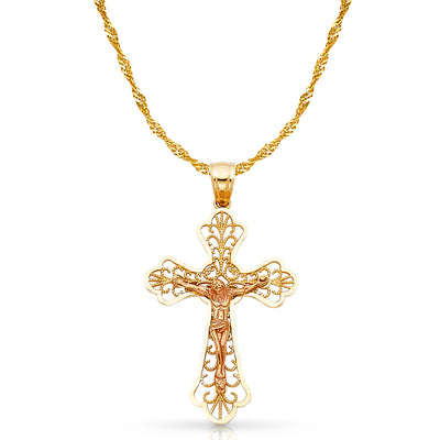 14K Gold Crucifix Charm Pendant with 1.8mm Singapore Chain Necklace