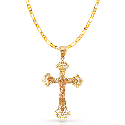 14K Gold Crucifix Charm Pendant with 3.1mm Figaro 3+1 Chain Necklace