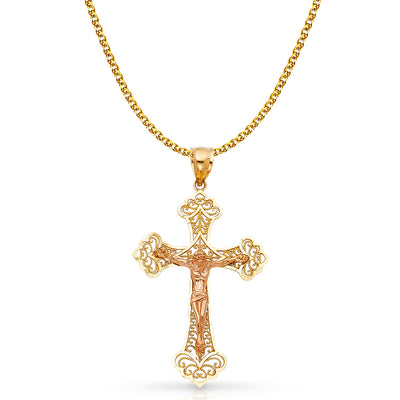 14K Gold Crucifix Charm Pendant with 1.7mm Flat Open Wheat Chain Necklace