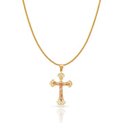 14K Gold Crucifix Charm Pendant with 1.1mm Wheat Chain Necklace