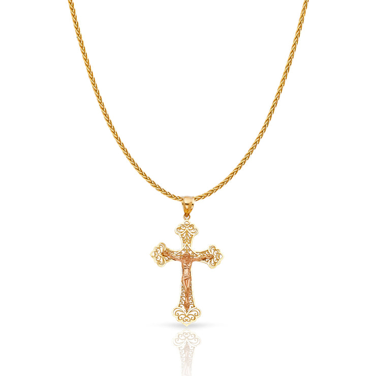 14K Gold Crucifix Charm Pendant with 1.1mm Wheat Chain Necklace
