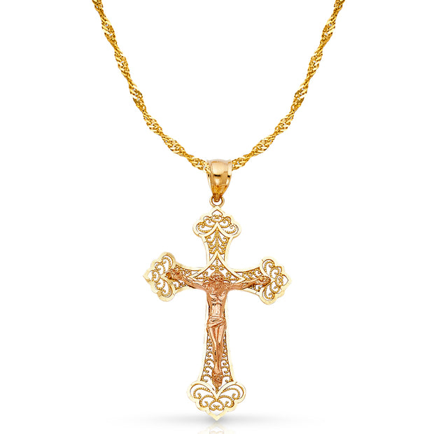 14K Gold Crucifix Charm Pendant with 1.8mm Singapore Chain Necklace