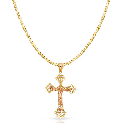 14K Gold Religious Crucifix Charm Pendant with 1.2mm Box Chain Necklace