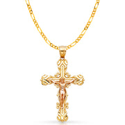 14K Gold Crucifix Charm Pendant with 3.1mm Figaro 3+1 Chain Necklace