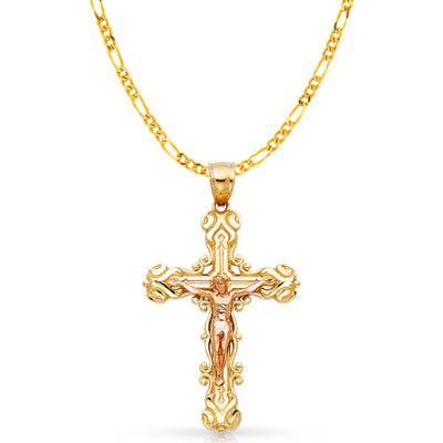 14K Gold Crucifix Charm Pendant with 3.1mm Figaro 3+1 Chain Necklace