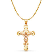14K Gold Crucifix Charm Pendant with 1.7mm Flat Open Wheat Chain Necklace