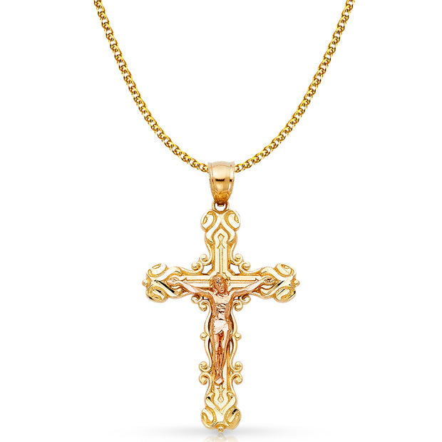 14K Gold Crucifix Charm Pendant with 1.7mm Flat Open Wheat Chain Necklace