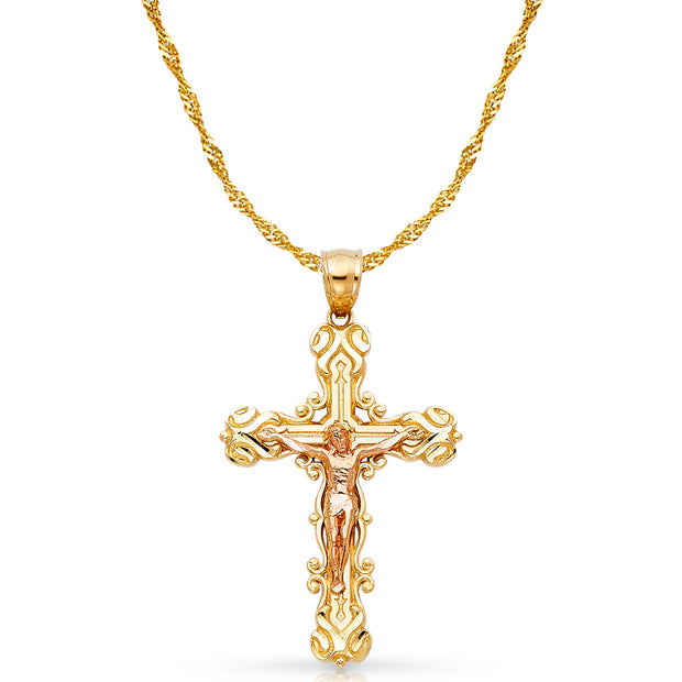 14K Gold Crucifix Charm Pendant with 1.8mm Singapore Chain Necklace