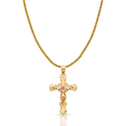 14K Gold Crucifix Charm Pendant with 1.4mm Round Wheat Chain Necklace