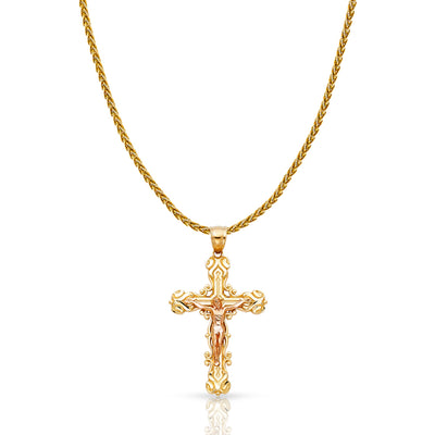 14K Gold Crucifix Charm Pendant with 1.4mm Round Wheat Chain Necklace