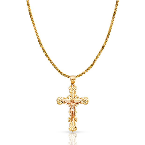 14K Gold Crucifix Charm Pendant with 1.4mm Round Wheat Chain Necklace