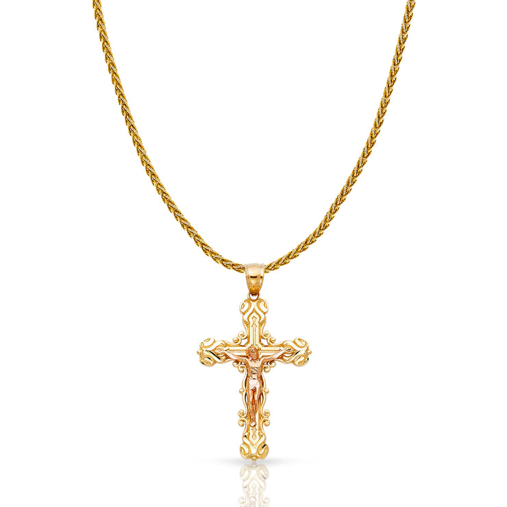 14K Gold Crucifix Charm Pendant with 1.4mm Round Wheat Chain Necklace