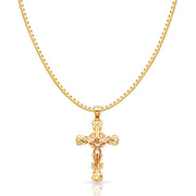 14K Gold Religious Crucifix Charm Pendant with 1.2mm Box Chain Necklace