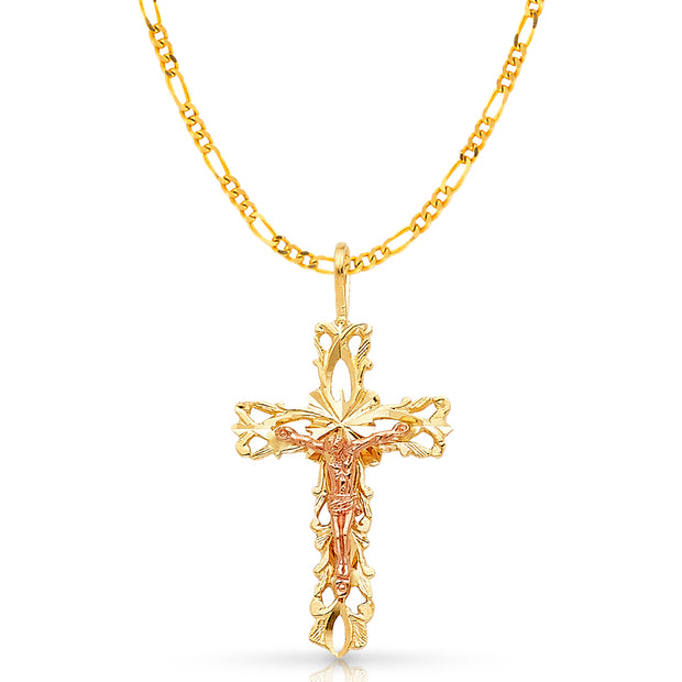 14K Gold Crucifix Charm Pendant with 2.3mm Figaro 3+1 Chain Necklace