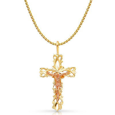 14K Gold Crucifix Charm Pendant with 1.7mm Flat Open Wheat Chain Necklace