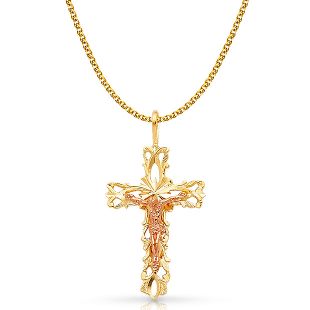 14K Gold Crucifix Charm Pendant with 1.7mm Flat Open Wheat Chain Necklace