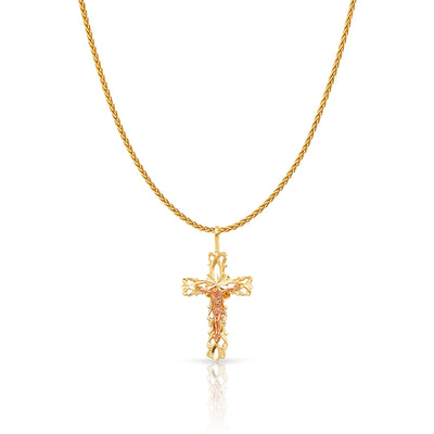 14K Gold Crucifix Charm Pendant with 1.1mm Wheat Chain Necklace