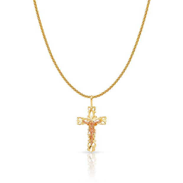 14K Gold Crucifix Charm Pendant with 1.1mm Wheat Chain Necklace