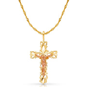 14K Gold Crucifix Charm Pendant with 1.2mm Singapore Chain Necklace