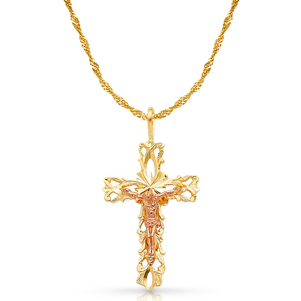 14K Gold Crucifix Charm Pendant with 1.2mm Singapore Chain Necklace