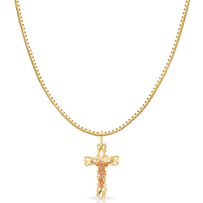 14K Gold Religious Crucifix Charm Pendant with 1.2mm Box Chain Necklace