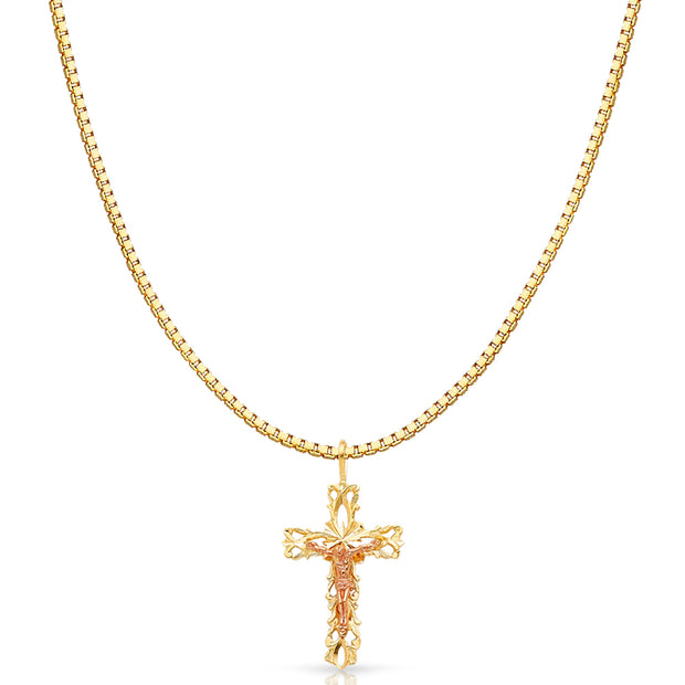 14K Gold Religious Crucifix Charm Pendant with 1.2mm Box Chain Necklace