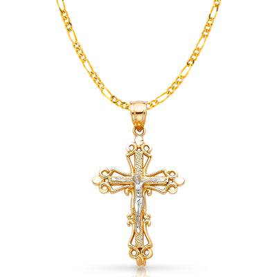14K Gold Crucifix Charm Pendant with 2.3mm Figaro 3+1 Chain Necklace