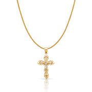 14K Gold Crucifix Charm Pendant with 1.1mm Wheat Chain Necklace