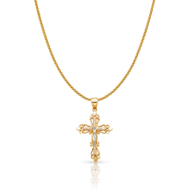 14K Gold Crucifix Charm Pendant with 1.1mm Wheat Chain Necklace